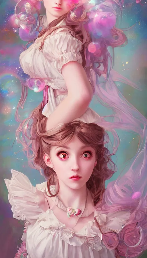 Image similar to portrait of magical lolita girl, dreamy and ethereal, expressive pose, big pink eyes, exciting expression, fantasy, intricate, elegant, many rainbow bubbles, rose tones, highly detailed, digital painting, artstation, concept art,cyberpunk wearing, smooth, sharp focus, illustration, art by artgerm and greg rutkowskiand alphonse mucha