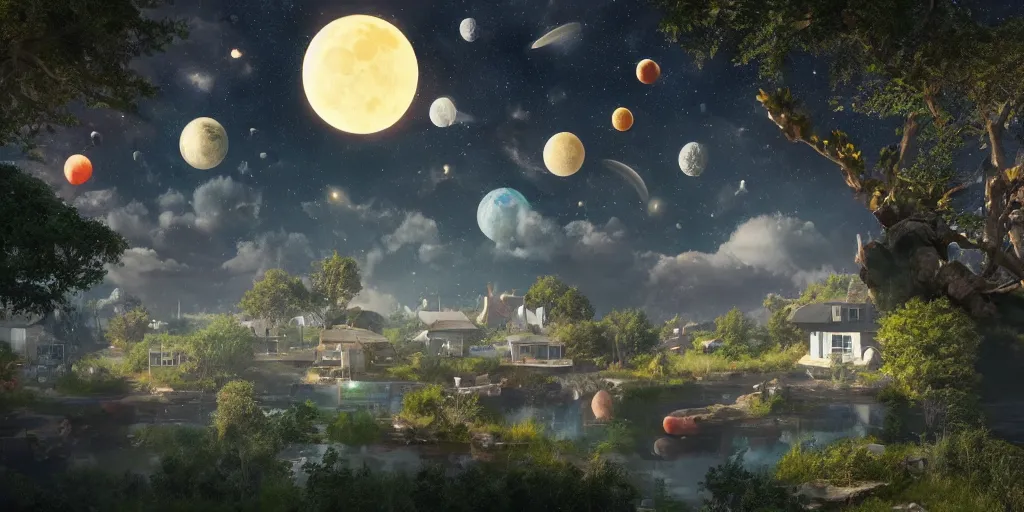 Prompt: planet cheese with wax moon, visible planets in the sky, hanging trees, floating houses, soda waterfalls, living cheese flying though the sky, Greg Rutkowski, 3d scene, trending on Artstation, 8K, ultra wide angle, pincushion lens effect.