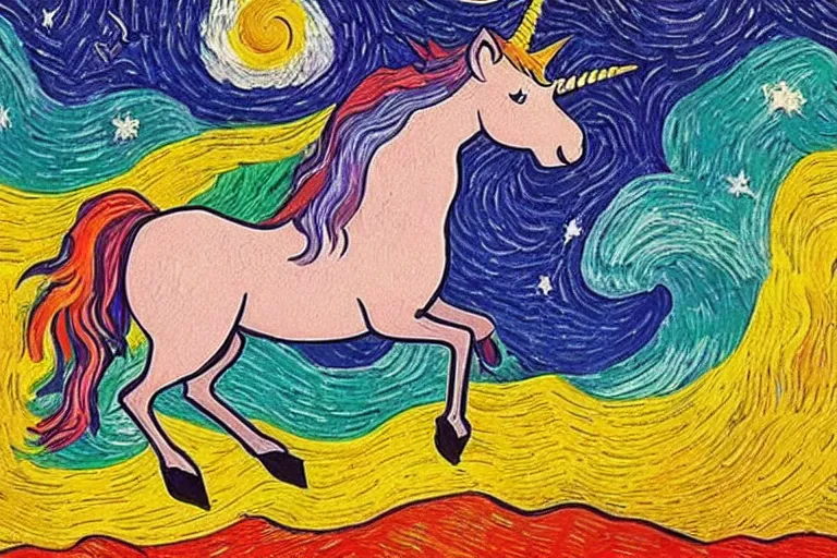 Prompt: rainbow unicorn flying in space by van gogh