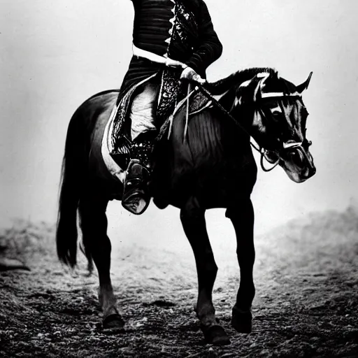 Image similar to white and black 1 8 0 0 photography of gengis khan on his horse after the conquest of china, realistic, foggy, china, post - apocalyptic, photo, photograph, high detailed, camera