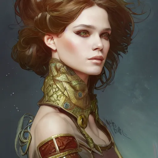 Prompt: character portrait by Magali Villeneuve and Steve Argyle,Livia Prima,Mucha,dress,fantasy art,beautiful,artstation,trending on artstation,intricate details,masterpiece