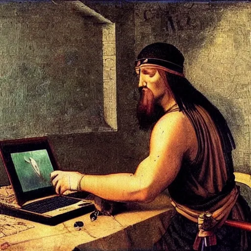 Image similar to attila the hun using imac desktop pc to send emails but is getting visibly annoyed at technology da vinci style painting