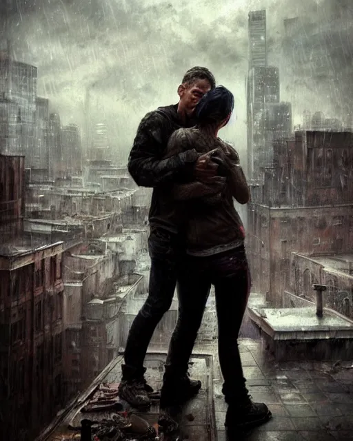 Image similar to epic portrait cinematic shot two survivors standing on a rooftop, apocalyptic city backround, cloudy, stormy, rainy, wet, fine details. night setting. realistic shaded lighting poster by craig mullism, artgerm, jeremy lipkin and michael garmash, unreal engine, radiant light, detailed and intricate environment, digital art, trending on art station,