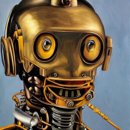 Prompt: high quality high detail painting by lucian freud, hd, portrait of scifi robot, steampunk