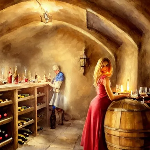 Image similar to hot blonde in a wine cellar, food, pork, beer, schnapps, rustic, traditional, torches on the wall, watercolor by vladimir volegov, highly detailed, masterpiece