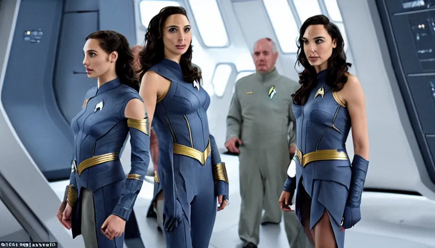 Image similar to Gal Gadot, in full starfleet uniform, is the captain of the starship Enterprise in the new Star Trek movie