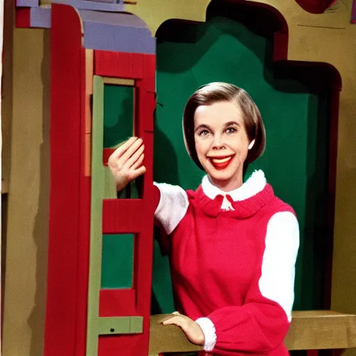 Image similar to lady aberlin in mister rogers land of make believe 1960s TV studio promotional color still
