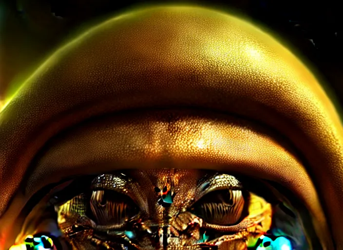 Image similar to hyperrealism, detailed textures, photorealistic 3 d render, an alien with gold eyes in a super star system from 5 million years ago, sharp focus, ultra realistic, ultra high pixel detail, cinematic, intricate, cinematic light, concept art, illustration, art station, unreal engine 8 k