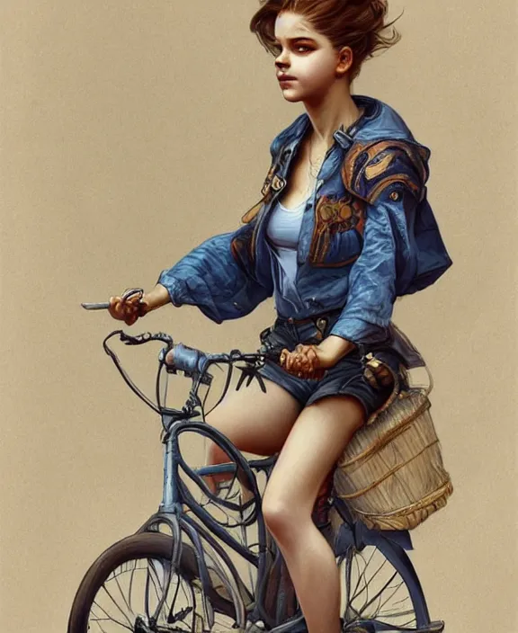 Image similar to portrait of barbara palvin in denim shorts riding a bicycle, full body, intricate, elegant, highly detailed, digital painting, artstation, concept art, art by artgerm and greg rutkowski and alphonse mucha