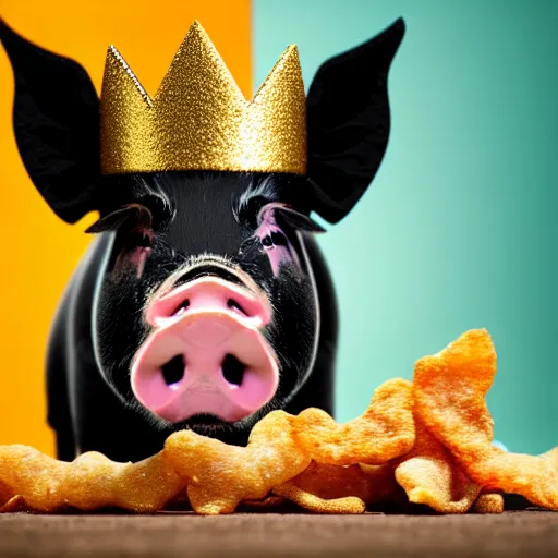 Prompt: pig wearing a gold crown eating a pork rind 8k resolution