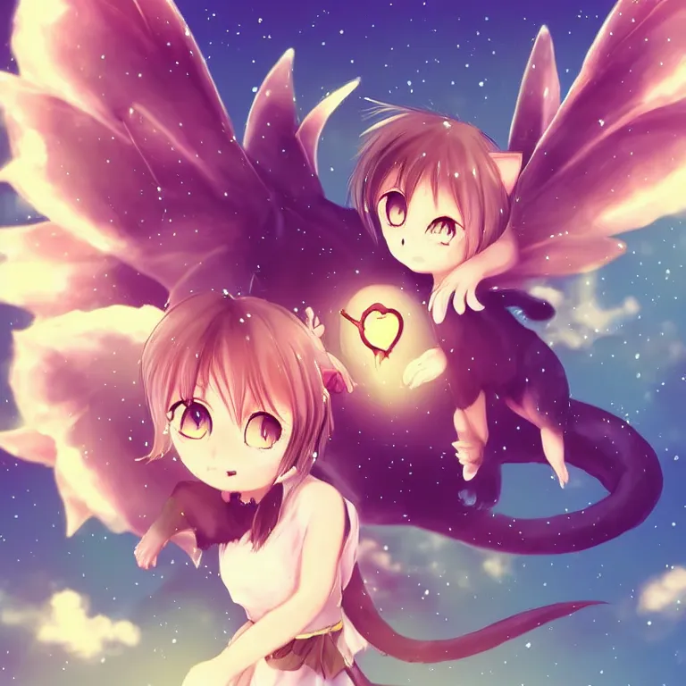 Image similar to cute, full body, female, anime style, a cat girl with fairy wings patting a dragon, large eyes, beautiful lighting, sharp focus, simple background, creative, heart effects, filters applied, illustration