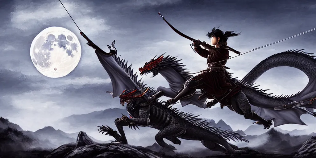 Prompt: korean archer wearing a helmet shooting an asian dragon. the moon is in the sky. there is a river. dark fantasy. high resolution. detailed. digital art. dark fantasy. kentaro miura.