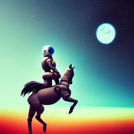 Image similar to photography of anthropomorphic horse riding on top of an astronaut horse back. from western by hiroyuki okiura and katsuhiro otomo and alejandro hodorovski style with many details by mike winkelmann and vincent di fate in sci - fi style. volumetric natural light photo on dsmc 3 system,