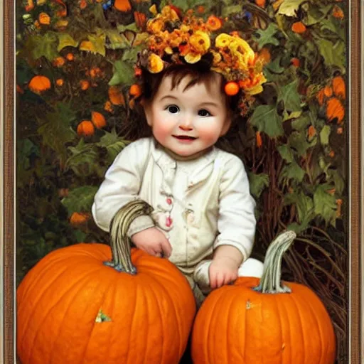 Prompt: a cute nine month old baby sitting amidst piles of pumpkins. beautiful cute highly detailed face. autumn and fall and halloween themed painting by artgerm and anne geddes and alphonse mucha.