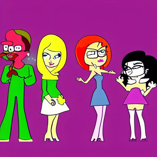 Prompt: animation of grownup The Powerpuff Girls smoking weed in a purple room