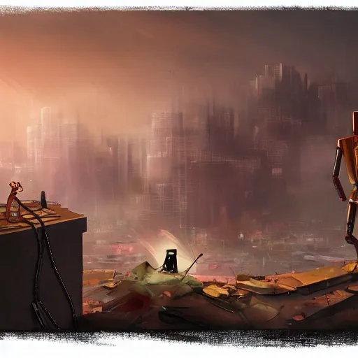 Image similar to a dog and a robot watching destroyed city from a rooftop, painting , beautiful, Concept art