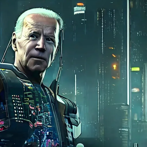 Prompt: joe biden as a cyborg in cyberpunk 2 0 7 7, technological, movie footage, high - tech, still frame