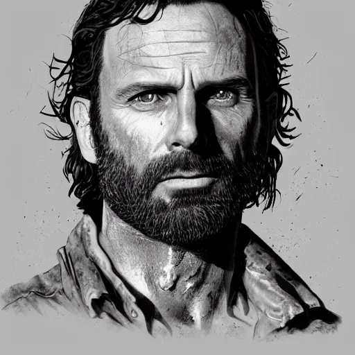 Image similar to rick grimes line art, the walking dead, zombie, head and shoulders shot, fantasy, medieval, vivid colors, elegant, concept art, sharp focus, digital art, Hyper-realistic, 4K, Unreal Engine, Highly Detailed, HD, Dramatic Lighting by Brom, trending on Artstation