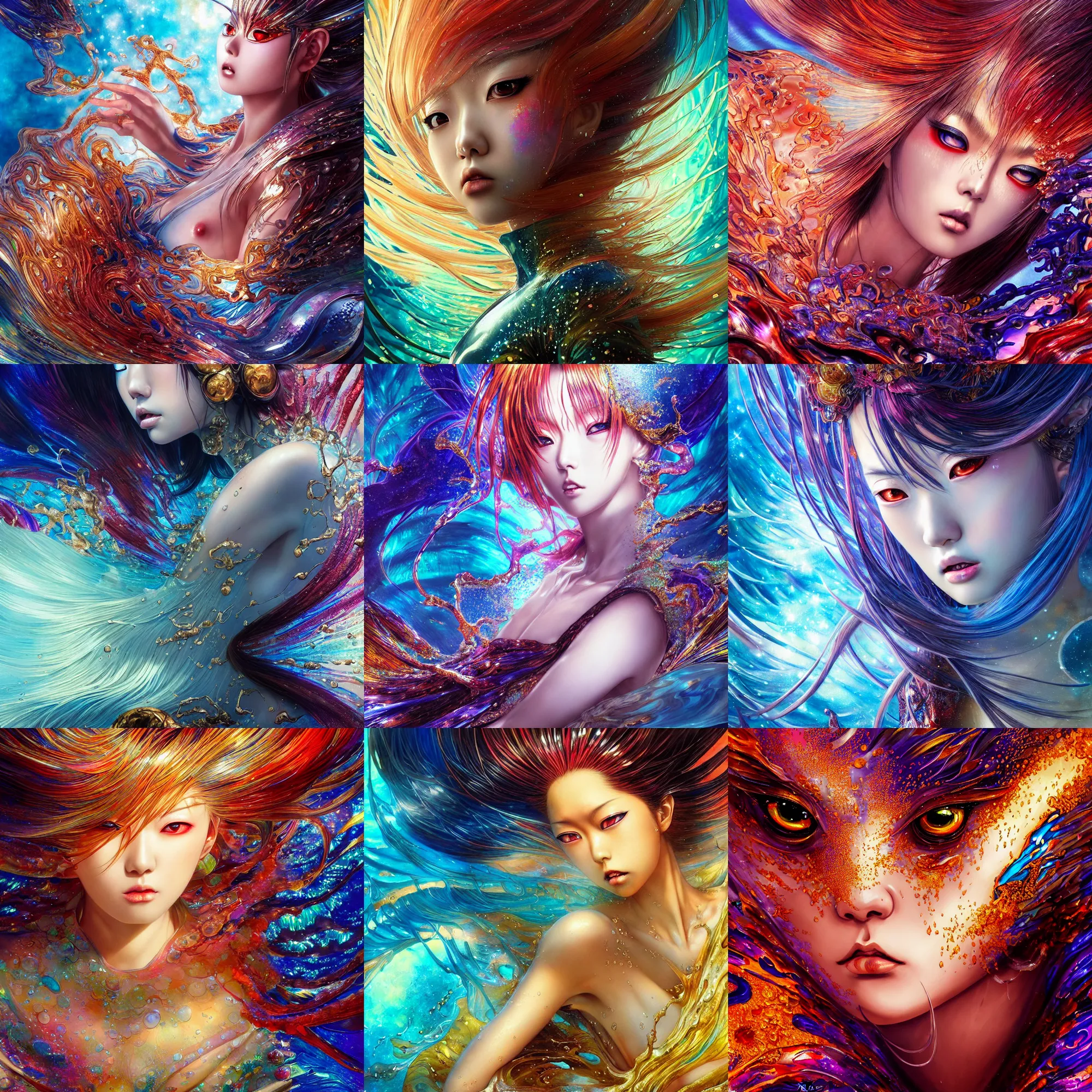 Prompt: ultra detailed stunning digital painting of a angry japanese anime girl, chrome metal skin, covered in a sea of iridescent liquid, lost in a dreamy oriental realm by Karol Bak, Moebius, hiroshi yoshida, Druillet, xsullo, colorful, front view, vivid colors, 8k, coherent, anime vibes, uplifting, magical composition, artstation, synthwave, 8k, coherent, artgerm, uplifting, unreal engine, magical composition, artstation