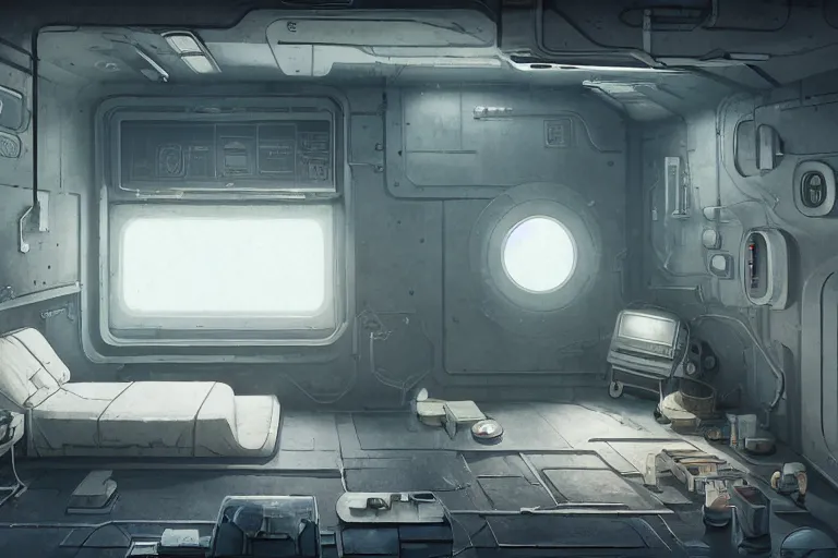 Image similar to single bedroom quarters inside 1960s rocket ship with gray metallic factory engine walls, details, sharp focus, intricate, high definition, retro, sci-fi, digital Art, 3D, Jordan Grimmer, greg rutkowski, WLOP, Studio Ghibli,