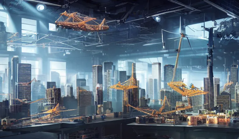 Image similar to group of people in simple warehouse, looking at hologram of futuristic city on a table, cinematic concept art, godrays, golden hour, natural sunlight, 4 k, clear details, tabletop model buildings, center model buildings, hologram center, crane shot, crane shot, crane shot