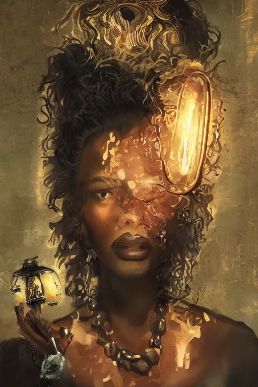 Prompt: Stunning concept art portrait of goddess with gorgeous afro holding a glowy lamp, highly detailed afrofuturism style, evening ambience, sharp, well focused, volumetric soft lighting, artstation HD, 8K