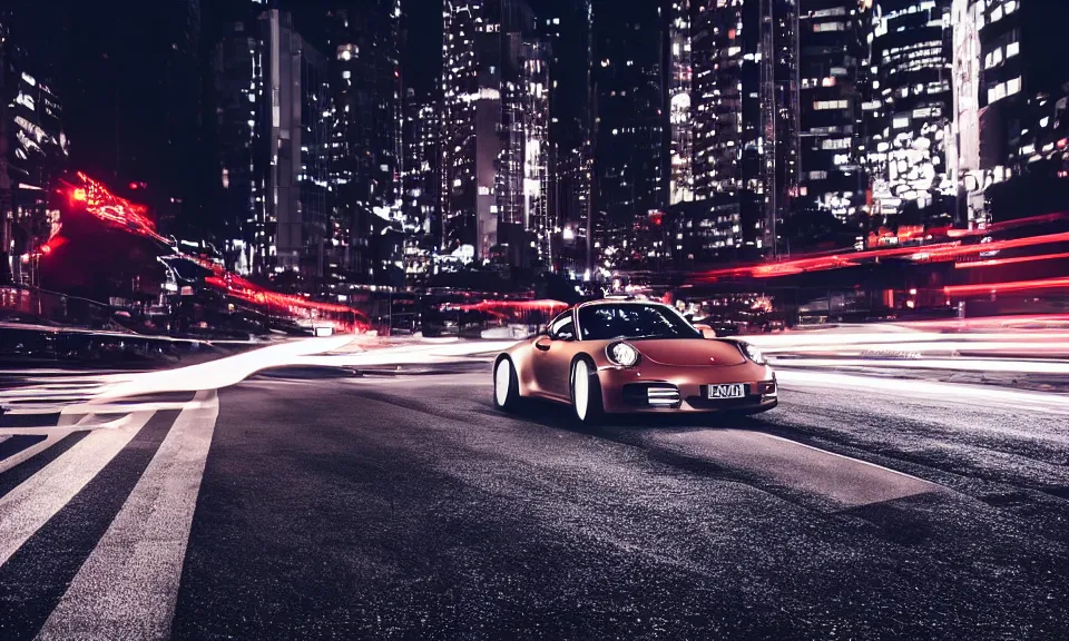 Prompt: photo of a porsche 911 at night drifting through a city, cinematic, 4k, long exposure photography, tokyo drift, fast and furious, film still, night photography, motion blur, lens flare, movie shot, light trail, distortion, wide angle