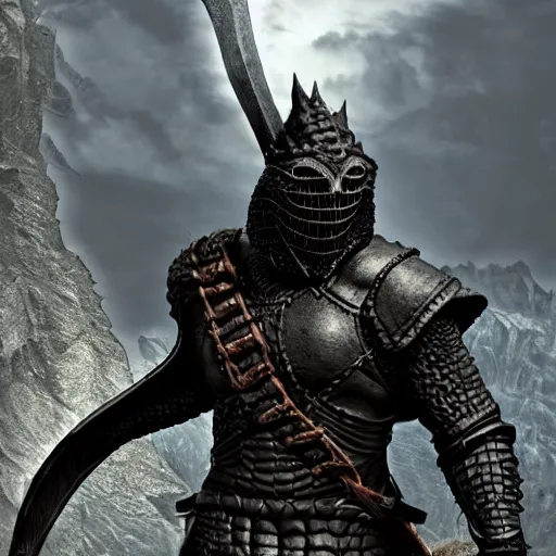 Prompt: a realistic full body of Konnor, a dragonborn, a black hood with black robes and a sword on his back, extremely realistic and detailed, standing in front of a mountain