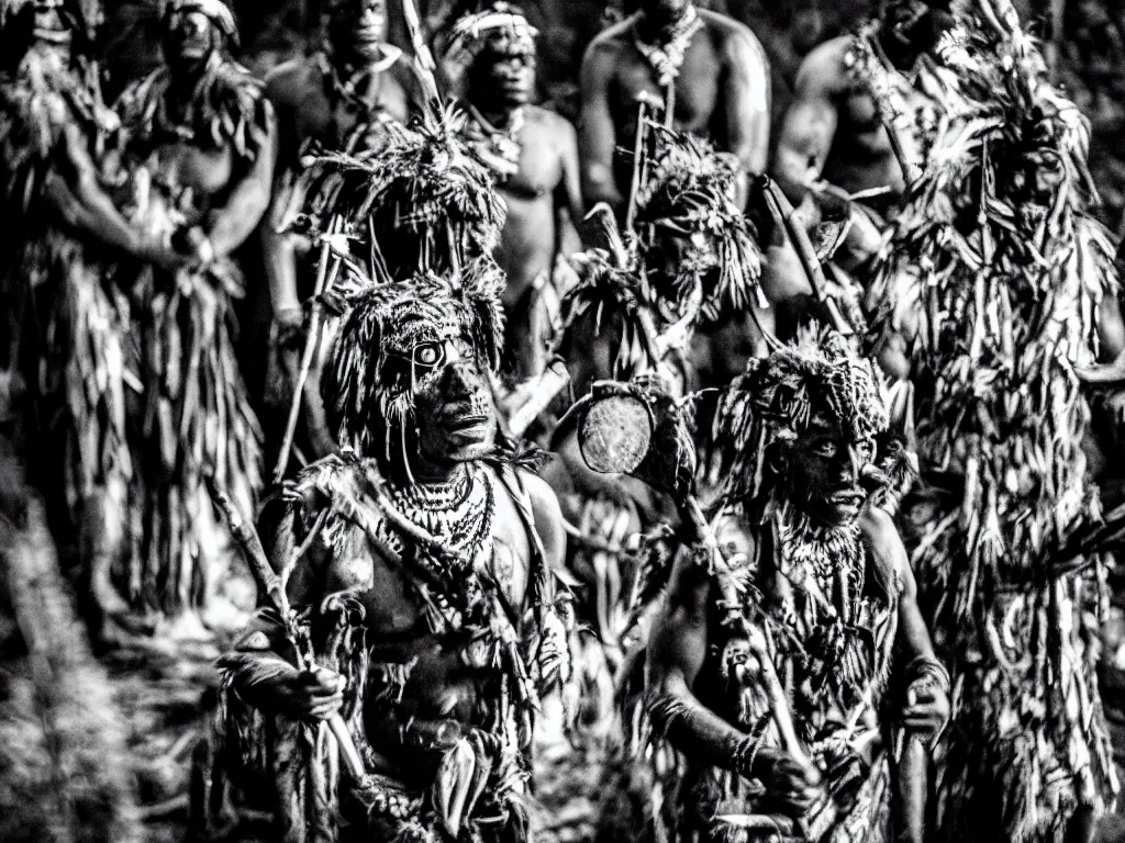 Prompt: cinematic, film grain, 3 5 mm, photography, midnight, ancient baluba tribe ceremony, shamans wearing fearsome tribal ancestors masks, emerging from dark woods, drummer, tribal dancers, transe, fire, congo, luba tribe