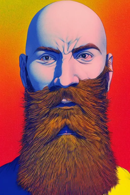 Image similar to a colorful closeup portrait of a young bald man with a huge beard and dreaming psychedelic hallucinations in the vast icy landscape of antarctica, by kawase hasui, moebius and edward hopper, colorful flat surreal design, hd, 8 k, artstation