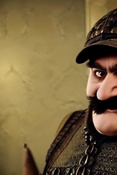 Image similar to very very intricate photorealistic photo of wario wearing his hat in an episode of game of thrones, photo is in focus with detailed atmospheric lighting, award - winning details