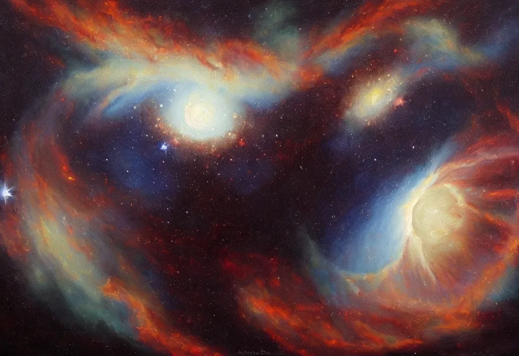 Prompt: beautiful oil painting of a nebula creating planets in the style of Caravaggio