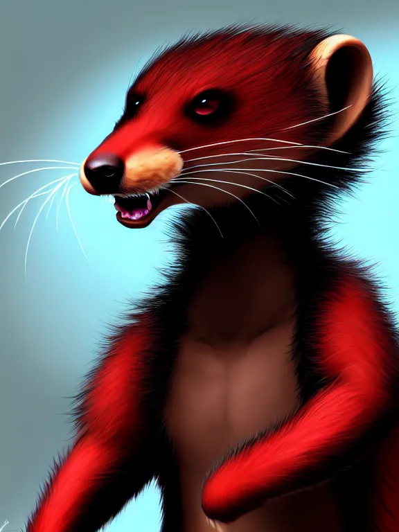 Image similar to furry - male - red - black - weasel - chaos theorist - fursona, uhd, photorealistic, trending on weasyl