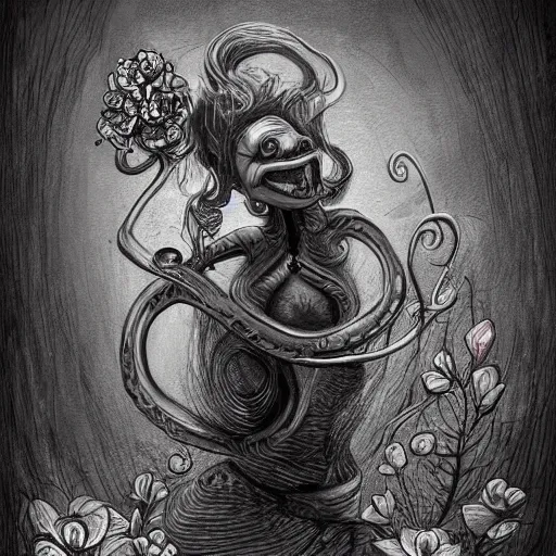 Prompt: surrealism grunge cartoon sketch of a human snake with a wide smile holding flowers by - michael karcz, loony toons style, horror theme, detailed, elegant, intricate