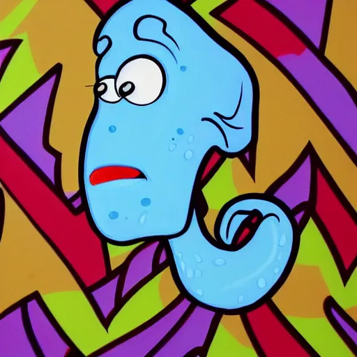 Image similar to handsome squidward as male, colorful, detailed lines, cartoon, pop art style, portrait, detailed painting