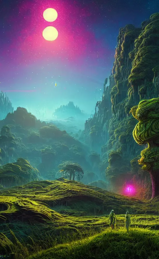 Image similar to An amazing alien landscape with lush vegetation and colourful galaxy foreground, digital art, breathtaking, golden ratio, extremely detailed, hyper-detailed, establishing shot, hyperrealistic, cinematic lighting, particles, unreal engine, simon stålenhag, rendered by Beeple, Makoto Shinkai, syd meade, Kentaro Miura, environment concept, artstation, octane render, 8K UHD image