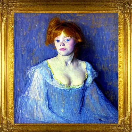 Image similar to palette knife oil painting portrait of a girl in a blue and gold room, film still by goya, by henri de toulouse - lautrec, by klimt, by pontormo, extreme detail, liminal aesthetic, artgerm, deviant art, octane, substance, art history 8 k, art nouveau