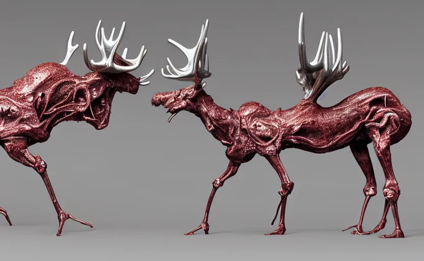 Prompt: stylized shiny polished silver statue full body bizarre extra limbs cosmic horror quadruped animal moose deer skull four legs made of marble of slug worm creature tendrils perfect symmetrical body perfect symmetrical face hyper realistic hyper detailed by johannen voss by michelangelo octane render blender 8 k displayed in pure white studio room anatomical deep red arteries veins flesh hell