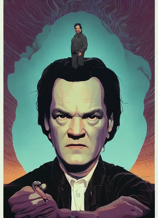 Prompt: poster artwork by Michael Whelan and Tomer Hanuka, Karol Bak of portrait of Quentin Tarantino the local video store kerk, from scene from Twin Peaks, clean, simple illustration, nostalgic, domestic, full of details