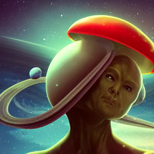 Prompt: WMy headgear my first adventure in a strange alien planet full of mushrooms and other complex fungi, 12k resolution matte painting digital art trending on artstation My head got replaced with Saturn, my mum is so mad, by