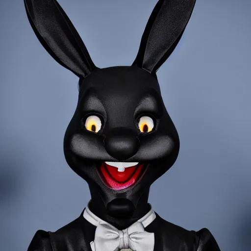 Image similar to A extremely highly detailed majestic hi-res beautiful, highly detailed head and shoulders portrait of a scary terrifying, horrifying, creepy black cartoon rabbit animatronic with scary big eyes, laughing and standing up wearing pants and a shirt in the style of Walt Disney