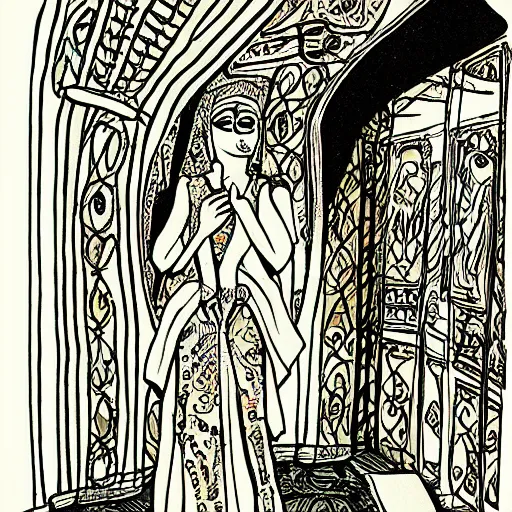 Image similar to in the tomb of empress sissi, vienna, austria, beautiful woman, zombie, pen and ink, line art