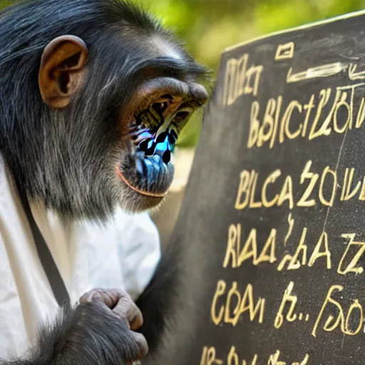 Image similar to a chimpanzee scientist teaching evolution blackboard