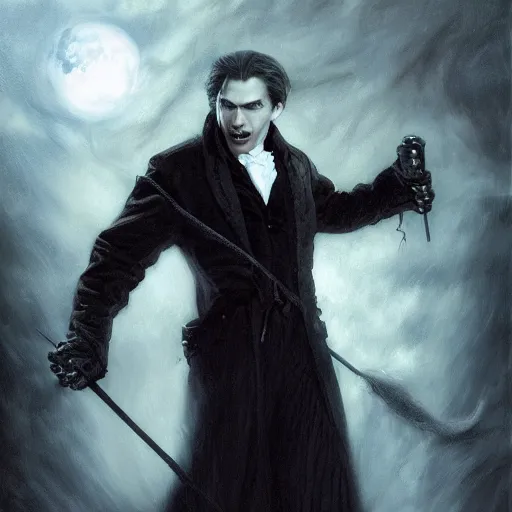 Image similar to portrait of a vampire in the darkness, detailed, centered, digital painting, artstation, concept art, donato giancola, Joseph Christian Leyendecker, WLOP, Boris Vallejo, Annie Leibovitz and Steve McCurry, David Lazar, Jimmy Nelsson, Breathtaking, 8k resolution, extremely detailed, beautiful, establishing shot, artistic, hyperrealistic, beautiful face, octane render