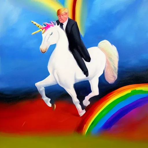 Image similar to a realistic painting of donald trump riding a rainbow unicorn