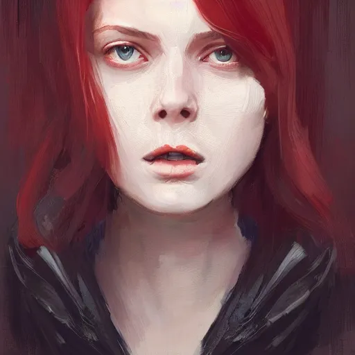 Image similar to Portrait of a woman by Greg Rutkowski, she is about 20 years old, redhead, long straight hair, beautiful oval face, wearing red and black utilitarian jumpsuit, older sister vibes, highly detailed portrait, digital painting, artstation, concept art, smooth, sharp foccus ilustration, Artstation HQ.