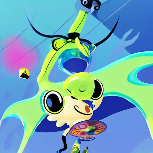 Image similar to a manta ray character who sells paints for splatoon by nintendo, in the calarts style, designed by nintendo, designed by pixar, cgi, professional, gaming