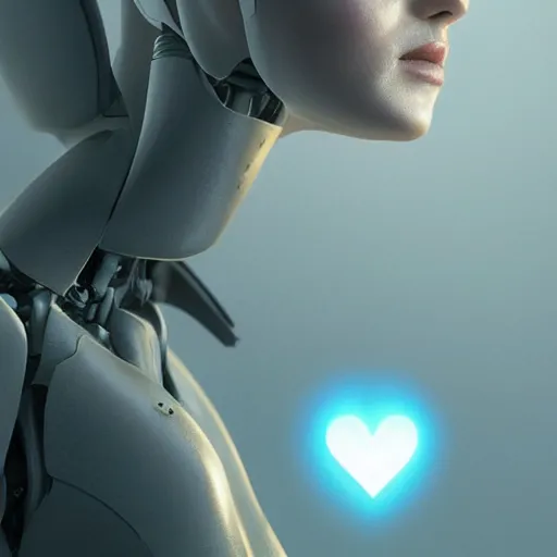 Image similar to humanoid female robot with a visible heart, concept art, highly detailed, great cinematic lighting, 8 k, depth of field, 3 d, art by greg rutkowski, trending on artstation, cinematographic shot