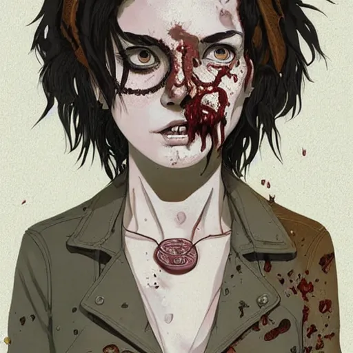 Image similar to Highly detailed portrait of a punk zombie young lady with freckles and brown curly hair hair by Atey Ghailan, by Loish, by Bryan Lee O'Malley, by Cliff Chiang, was inspired by image comics, inspired by scott pilgrim, inspired by graphic novel cover art !!!gold, silver, opal, brown, black, and white color scheme ((grafitti tag brick wall background))