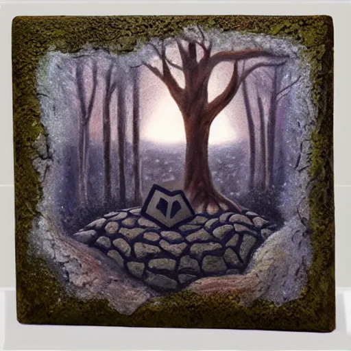 Prompt: a mysterious stone with magical symbols stands in the middle of a forest of ancient oaks, dawn, oil painting